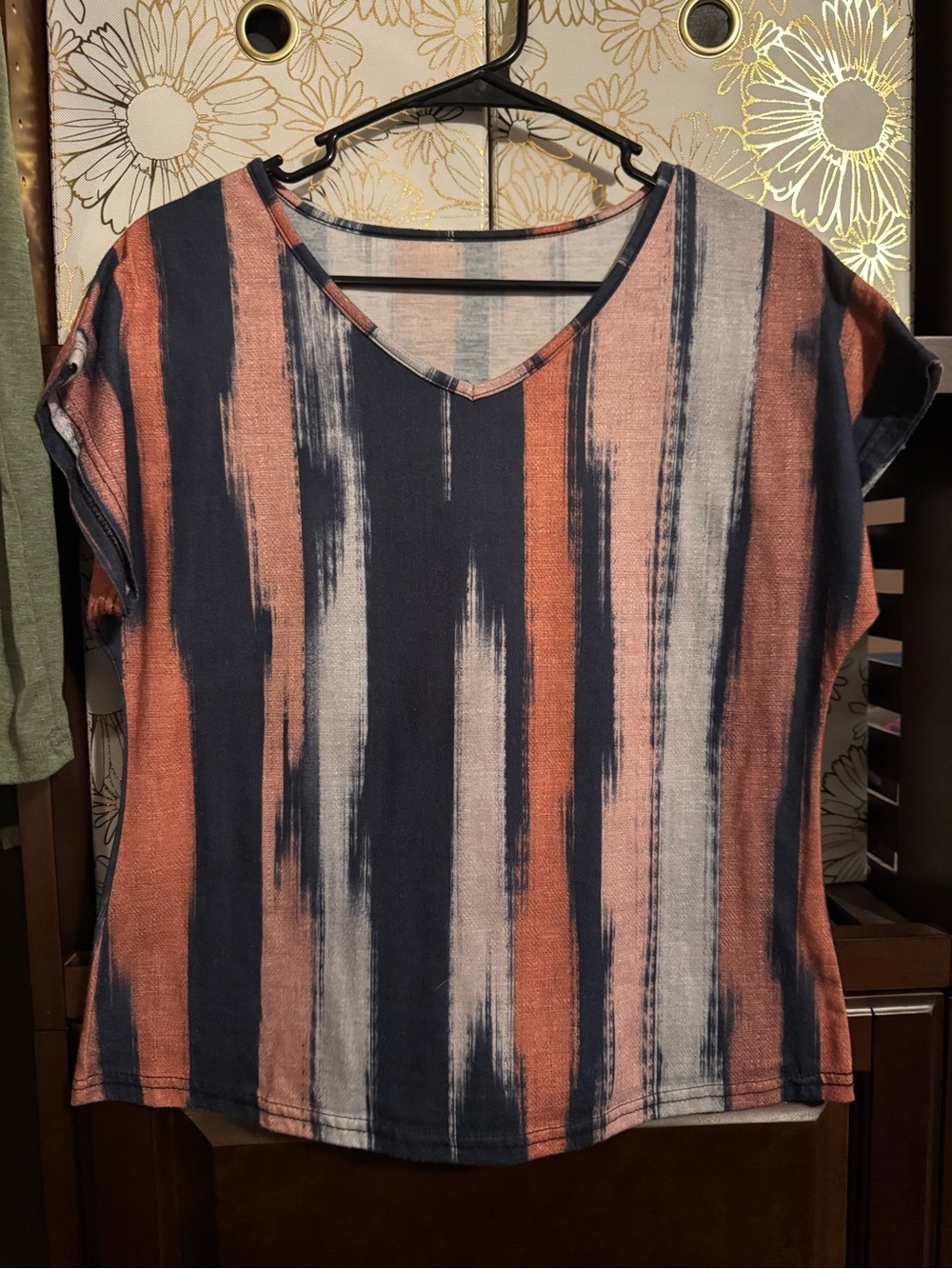 SHEIN Navy, Rust & Light Gray Striped V-Neck Tee
